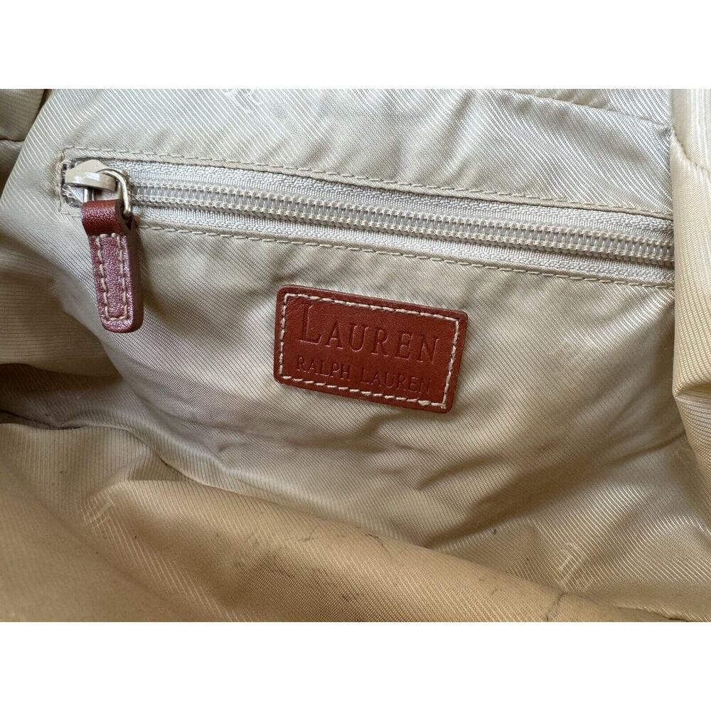Vtg Women's Lauren Ralph Lauren Handbag All Pattern Beige Canvas Carmel Leather - Picture 7 of 8